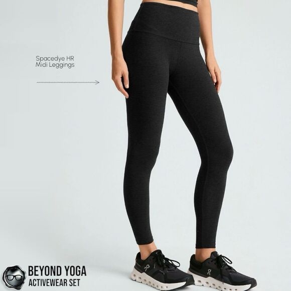 BEYOND YOGA SPACEDYE SET: ON THE DOWN LOW TEE + MIDI LEGGINGS IN DARKEST NIGHT M - Picture 9 of 15